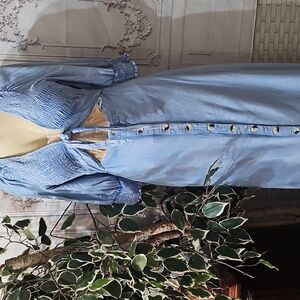Free People String of Hearts Smocked V-neck Cut-out Button-Down Maxi Dre…